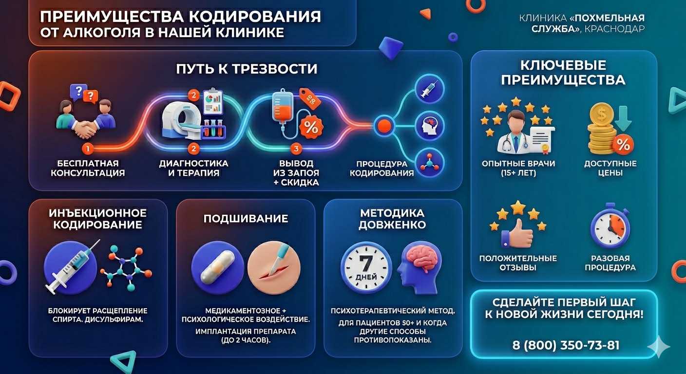 Инфографика о методах кодирования от алкоголя в Аткарске: инъекции, подшивание, метод Довженко. Преимущества клиники и этапы лечения.
